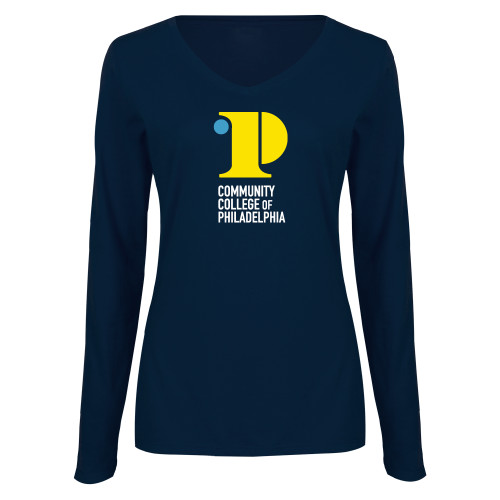  Womens Navy Long Sleeve V Neck Tee  - CCP Institutional Mark - Vertical