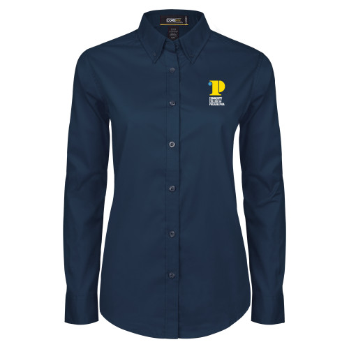  Womens Navy Twill Button Down Long Sleeve  - CCP Institutional Mark - Vertical