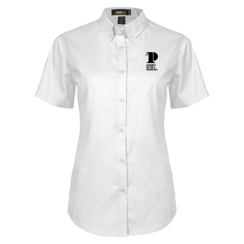  Womens White Twill Button Up Short Sleeve - CCP Institutional Mark - Vertical