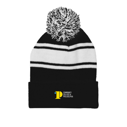  Black/White Two Tone Knit Pom Beanie w/Cuff - CCP Institutional Mark
