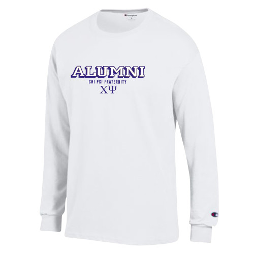  Champion White Long Sleeve T Shirt - Alumni Collegiate Text Chi Psi Fraternity Greek Letters