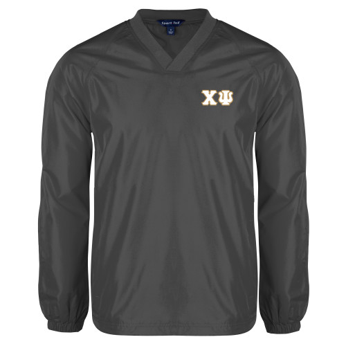  Charcoal V Neck Raglan Windshirt - Chi Psi Greek Letters with outline