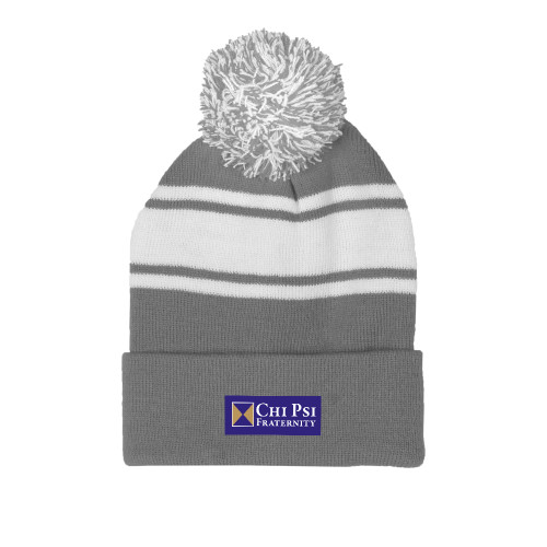  Grey/White Two Tone Knit Pom Beanie w/Cuff - Chi Psi Fraternity