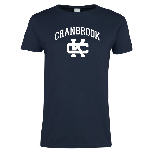  Womens Short Sleeve Navy Tee - Cranbrook Arched over Spirit Mark