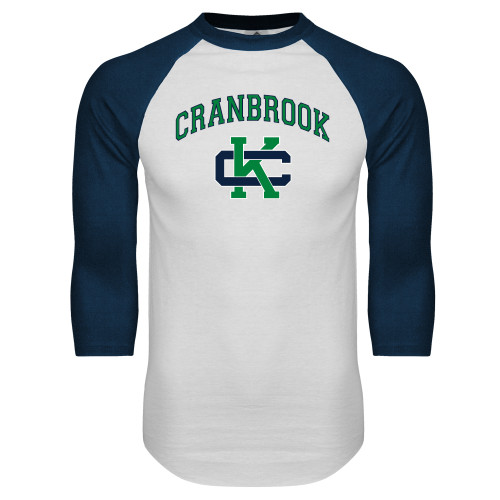  White/Navy Raglan Baseball T Shirt - Cranbrook Arched over Spirit Mark