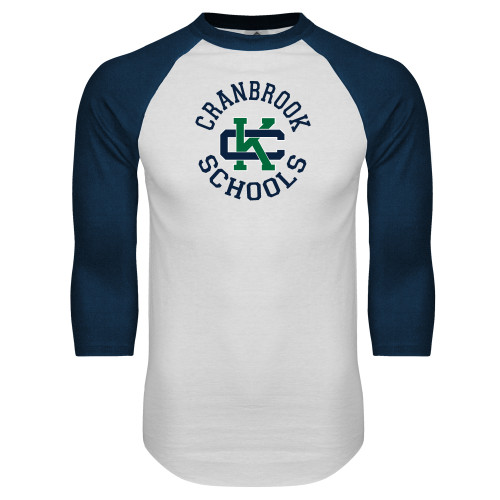  White/Navy Raglan Baseball T Shirt - Cranbrook Schools encircled Spirit Mark
