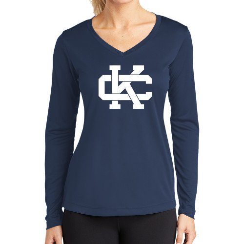  Womens Navy Performance Long Sleeve V Neck Shirt - Spirit Mark