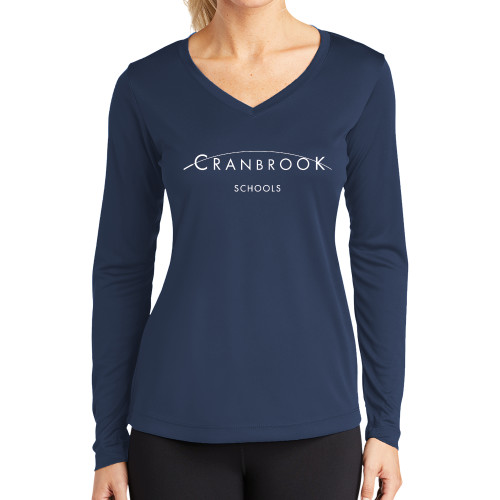  Womens Navy Performance Long Sleeve V Neck Shirt - School Signature
