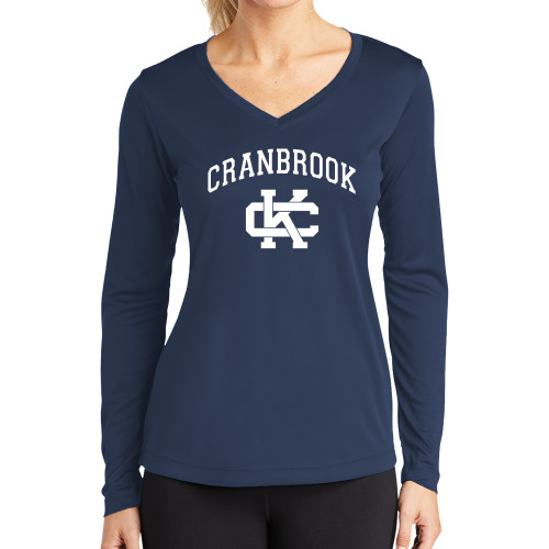  Womens Navy Performance Long Sleeve V Neck Shirt - Cranbrook Arched over Spirit Mark