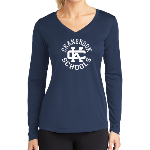  Womens Navy Performance Long Sleeve V Neck Shirt - Cranbrook Schools encircled Spirit Mark