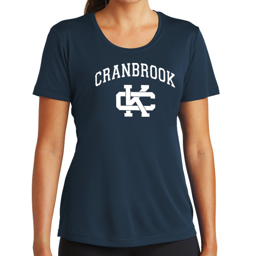  Womens Navy Performance Tee - Cranbrook Arched over Spirit Mark