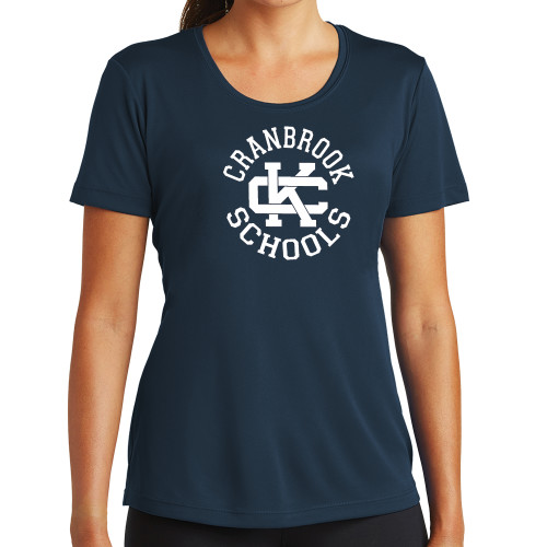  Womens Navy Performance Tee - Cranbrook Schools encircled Spirit Mark