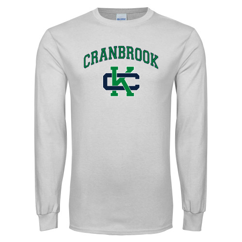  White Long Sleeve T Shirt - Cranbrook Arched over Spirit Mark