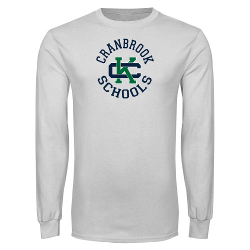  White Long Sleeve T Shirt - Cranbrook Schools encircled Spirit Mark