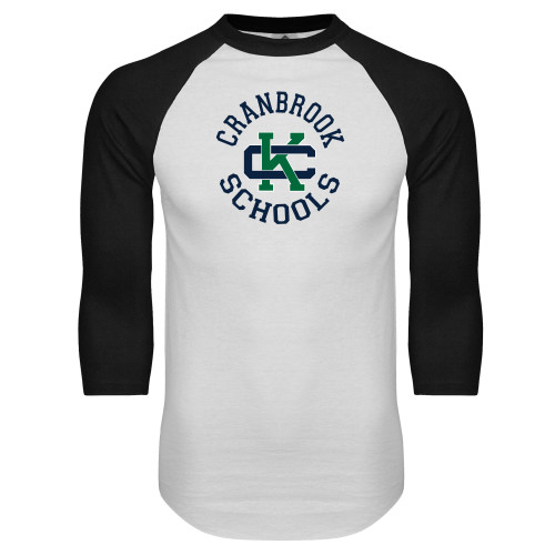  White/Black Raglan Baseball T Shirt - Cranbrook Schools encircled Spirit Mark