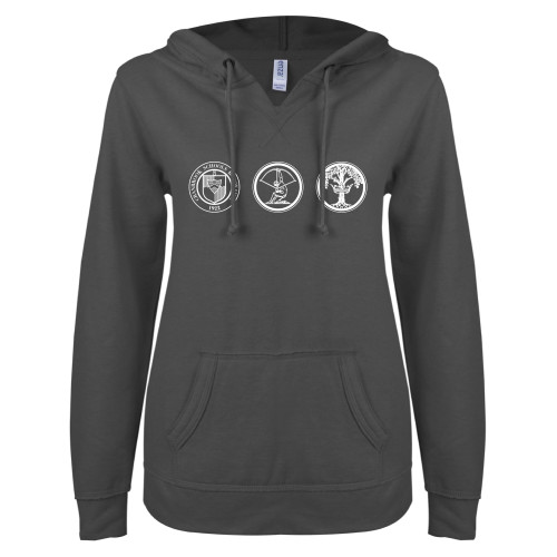  ENZA Womens Dark Heather V Notch Raw Edge Fleece Hoodie - Cranbrook School Crests
