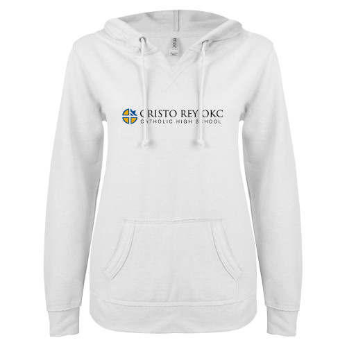  ENZA Womens White V Notch Raw Edge Fleece Hoodie - Cristo Rey OKC Catholic High School