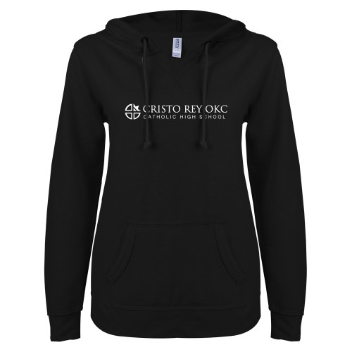  ENZA Womens Black V Notch Raw Edge Fleece Hoodie - Cristo Rey OKC Catholic High School