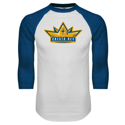  White/Royal Raglan Baseball T Shirt - Cristo Rey Crown