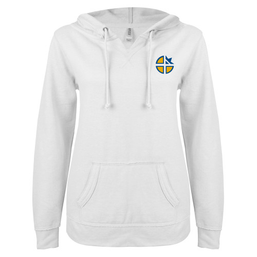  ENZA Womens White V Notch Raw Edge Fleece Hoodie - Cristo Rey OKC
