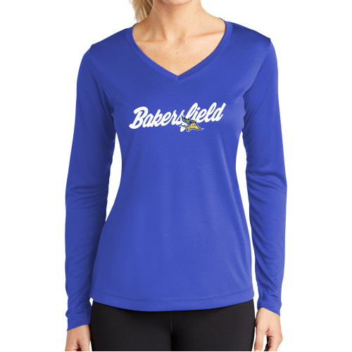  Womens Royal Performance Long Sleeve V Neck Shirt - Mascot Bakersfield Script Wordmark