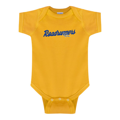  Gold Infant Onesie - Mascot Roadrunners Script Wordmark