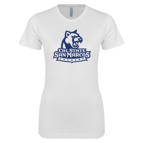 Next Level Womens White Boyfriend Tee - Primary Logo Dark Blue Glitter