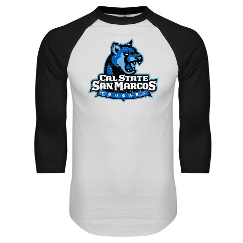  White/Black Raglan Baseball T Shirt - Primary Logo Distressed