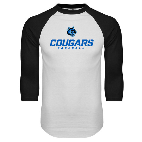  White/Black Raglan Baseball T Shirt - Baseball Stacked