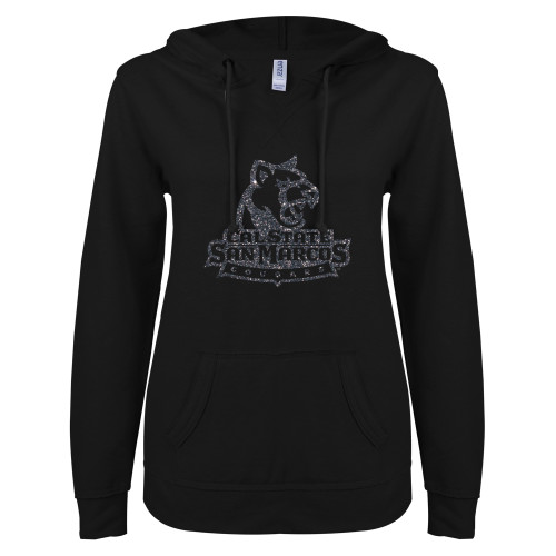  ENZA Womens Black V Notch Raw Edge Fleece Hoodie - Primary Logo Graphite Soft Glitter