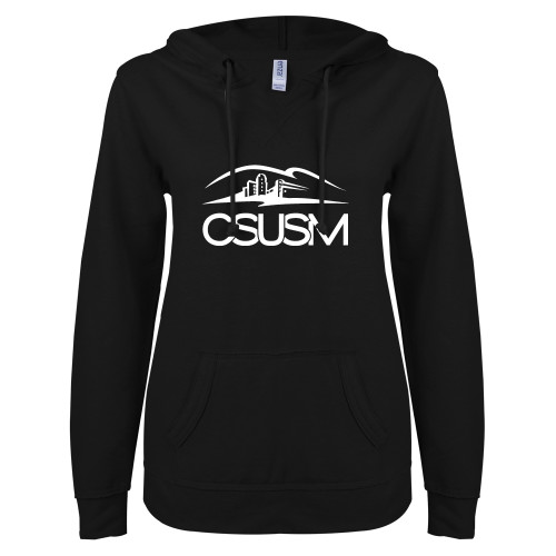  ENZA Womens Black V Notch Raw Edge Fleece Hoodie - CSUSM with University
