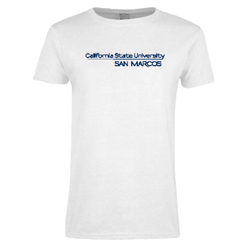  Womens White Short Sleeve Tee - California State University San Marcos Word Mark