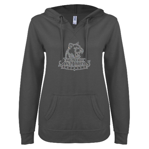  ENZA Womens Dark Heather V Notch Raw Edge Fleece Hoodie - Primary Logo Silver Soft Glitter