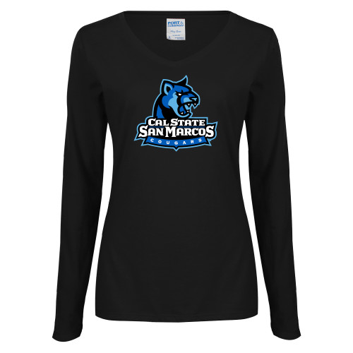  Womens Black Long Sleeve V Neck Tee  - Primary Logo