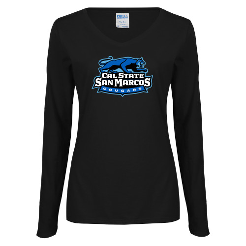  Womens Black Long Sleeve V Neck Tee  - Secondary Logo