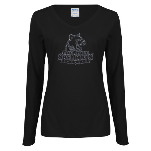  Womens Black Long Sleeve V Neck Tee  - Primary Logo Graphite Soft Glitter