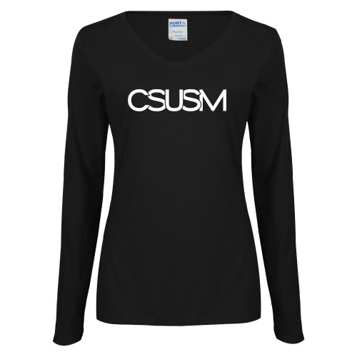  Womens Black Long Sleeve V Neck Tee  - CSUSM