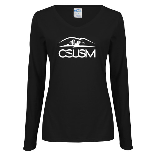  Womens Black Long Sleeve V Neck Tee  - CSUSM with University