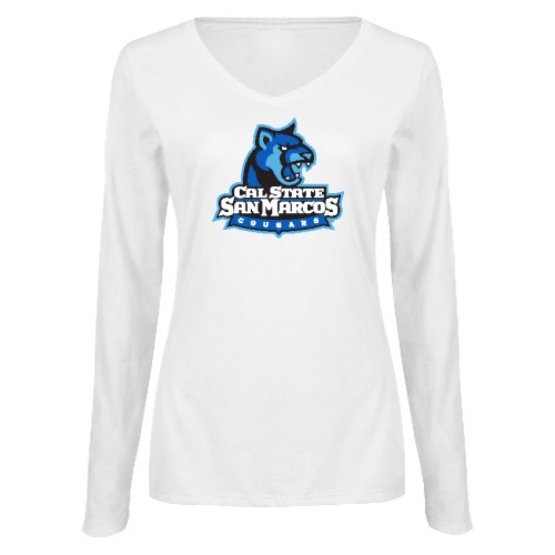  Womens White Long Sleeve V Neck Tee - Primary Logo