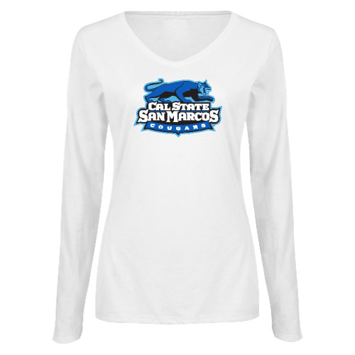  Womens White Long Sleeve V Neck Tee - Secondary Logo