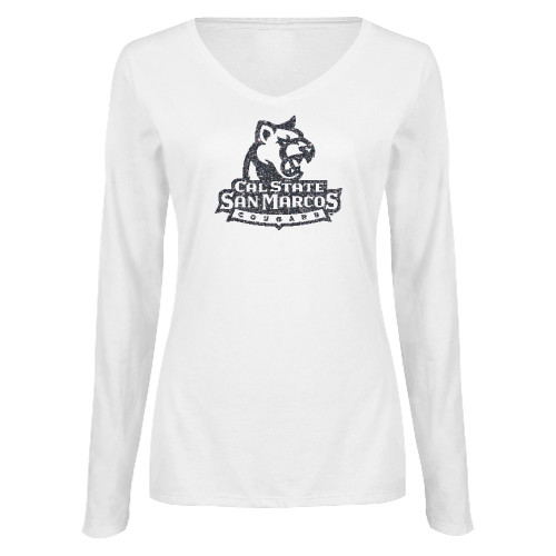  Womens White Long Sleeve V Neck Tee - Primary Logo Graphite Soft Glitter