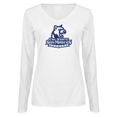  Womens White Long Sleeve V Neck Tee - Primary Logo Dark Blue Glitter