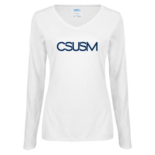  Womens White Long Sleeve V Neck Tee - CSUSM