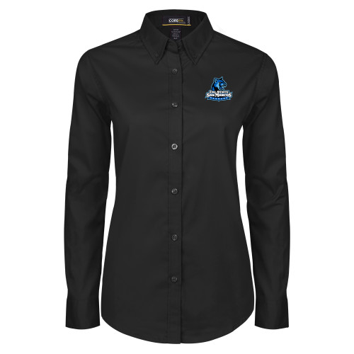  Womens Black Twill Button Down Long Sleeve  - Primary Logo