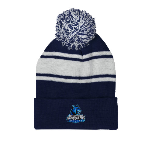  Navy/White Two Tone Knit Pom Beanie w/Cuff - Primary Logo