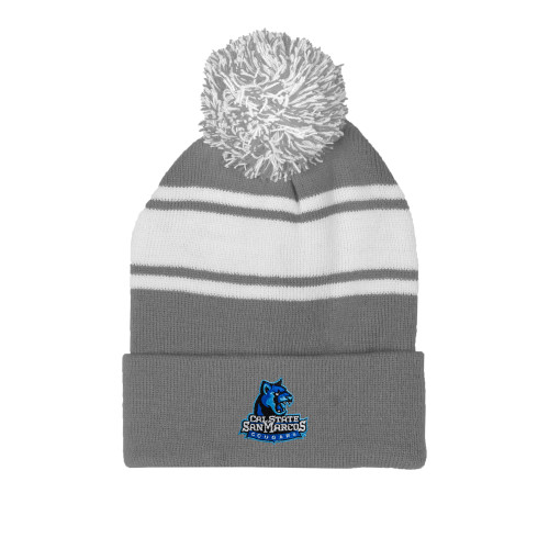  Grey/White Two Tone Knit Pom Beanie w/Cuff - Primary Logo