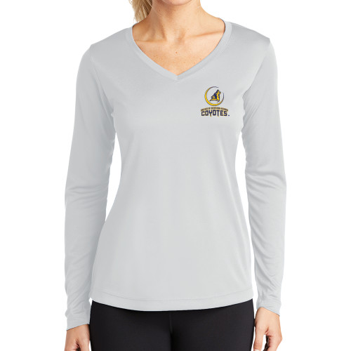  Womens White Performance Long Sleeve V Neck Shirt - College of Southern Nevada Mascot Wordmark Stacked