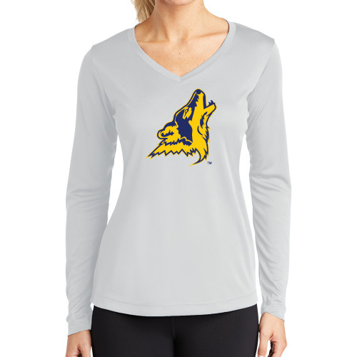  Womens White Performance Long Sleeve V Neck Shirt - College of Southern Nevada Mascot Head