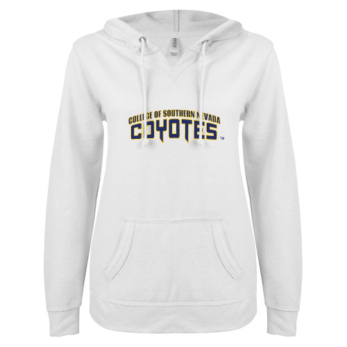  ENZA Womens White V Notch Raw Edge Fleece Hoodie - College of Southern Nevada Wordmark