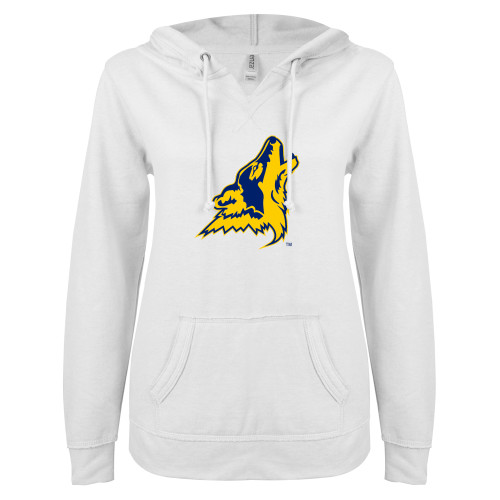  ENZA Womens White V Notch Raw Edge Fleece Hoodie - College of Southern Nevada Mascot Head